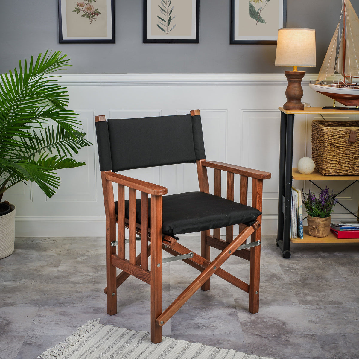 Premium Grade Teak Hemmingway Folding Director's Chair with Black Sunbrella Fabric Seat Cushions