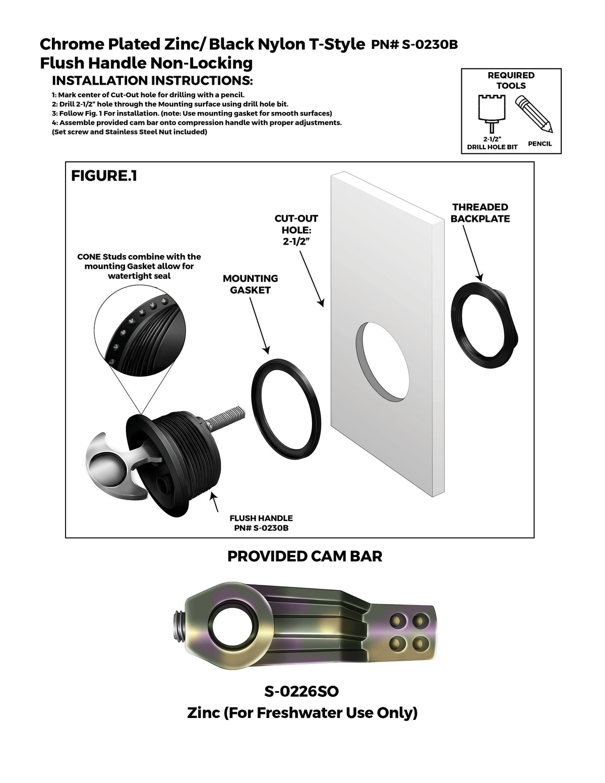 T-Handle Latch, Non-Locking, Black Nylon w/ Chrome T-Handle, NO Cam Bar