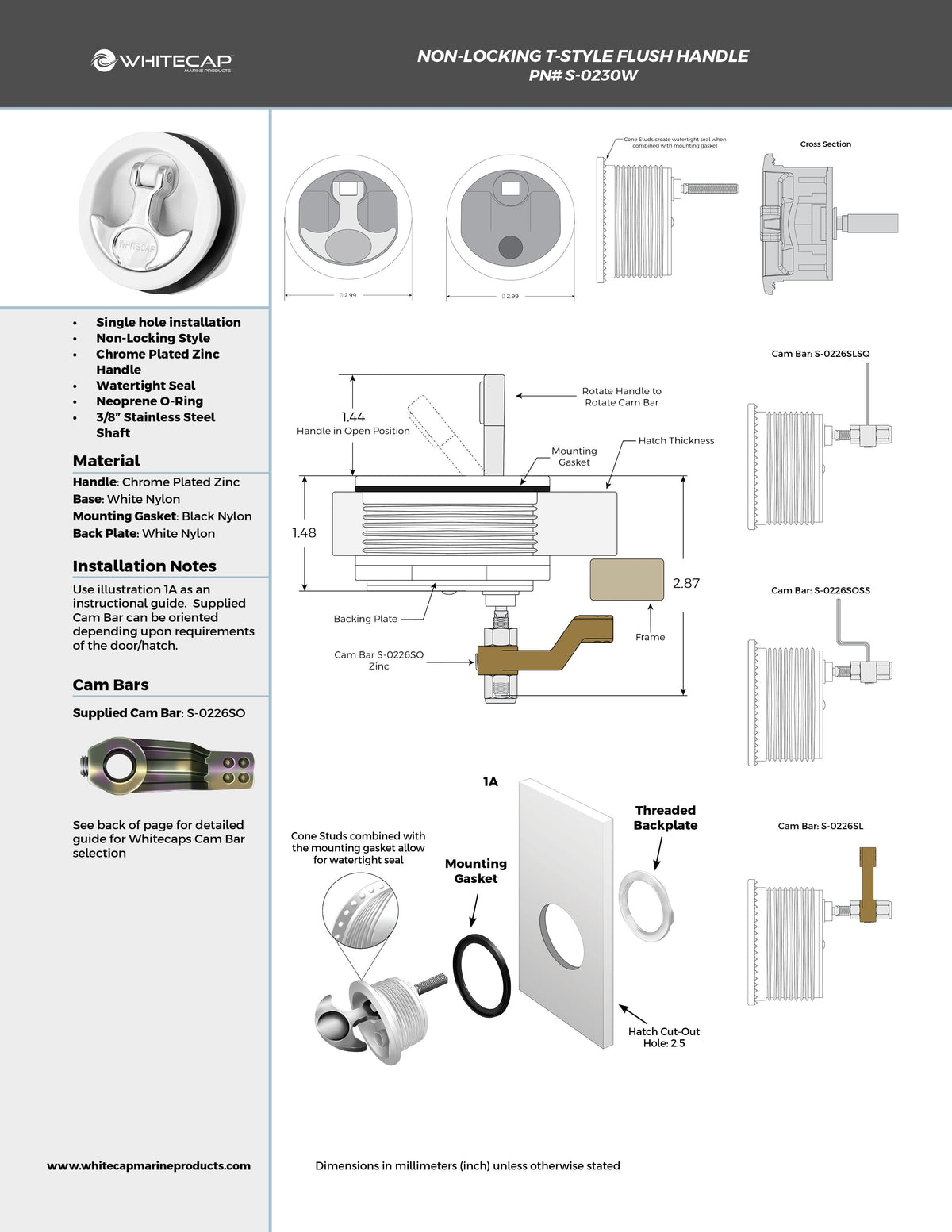 T-Handle Latch, Non-Locking, White Nylon w/ Chrome T-Handle, NO Cam Bar
