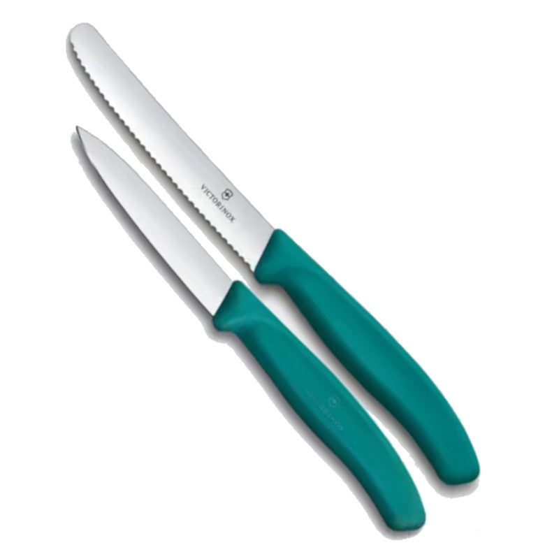 Clarric 4" Victorinox paring knife set. One with serrated edge and one with straight.