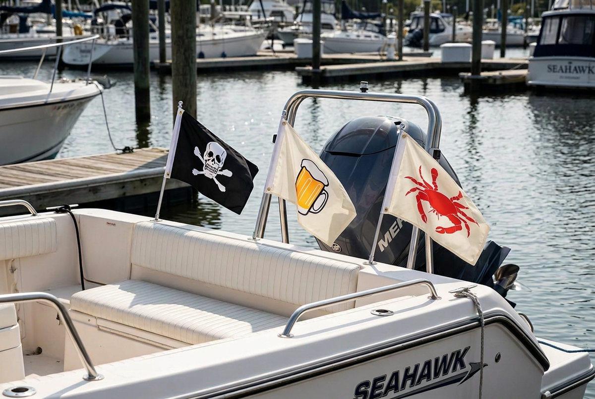 Boat scene with small, softly draped flags and off-white Beer and Crab backgrounds