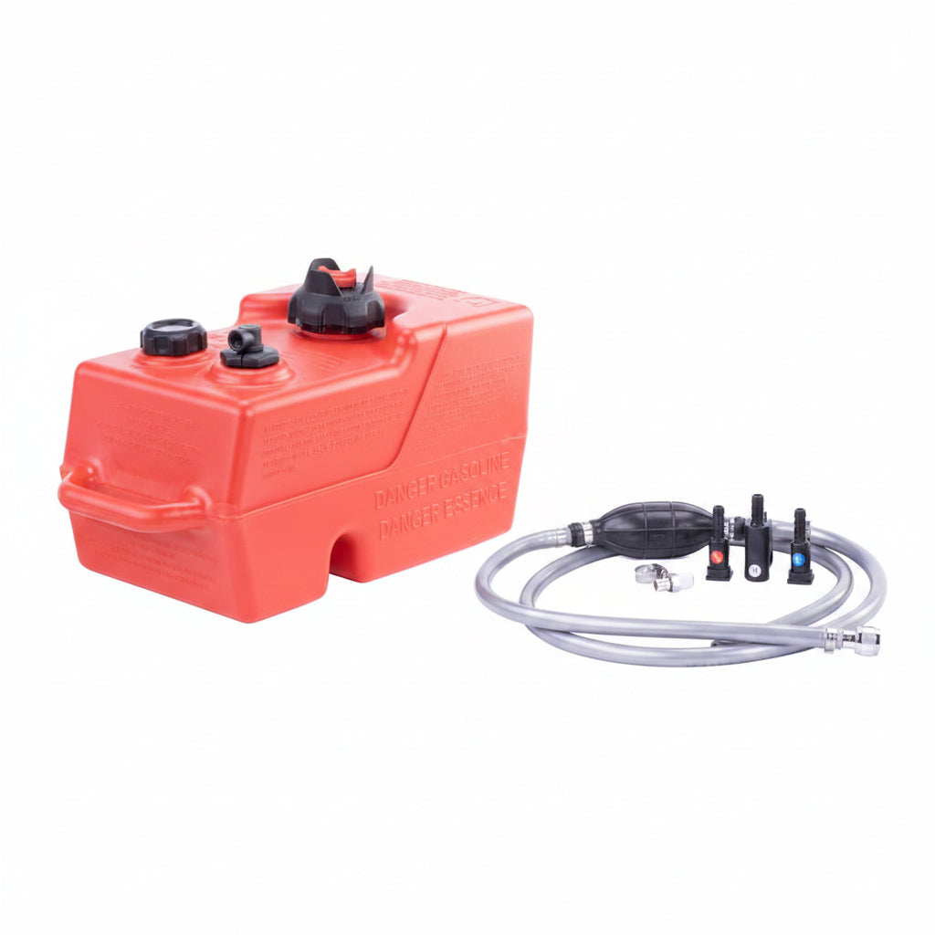 Red fuel tank with hoses and connectors on a white background
