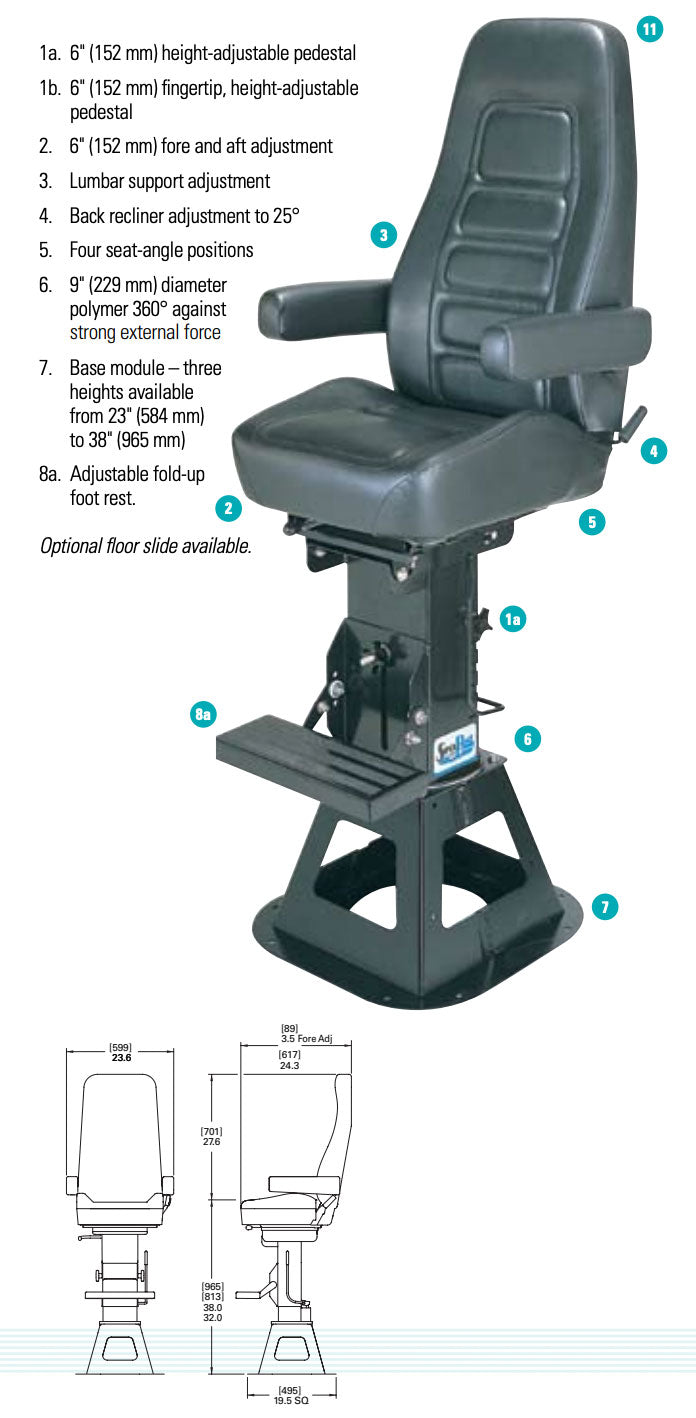 Seapost Pilot Seat HBLX, 7" Adjustable Slide, 28"-34" Adjustable Post w/ Base, Black Durawear