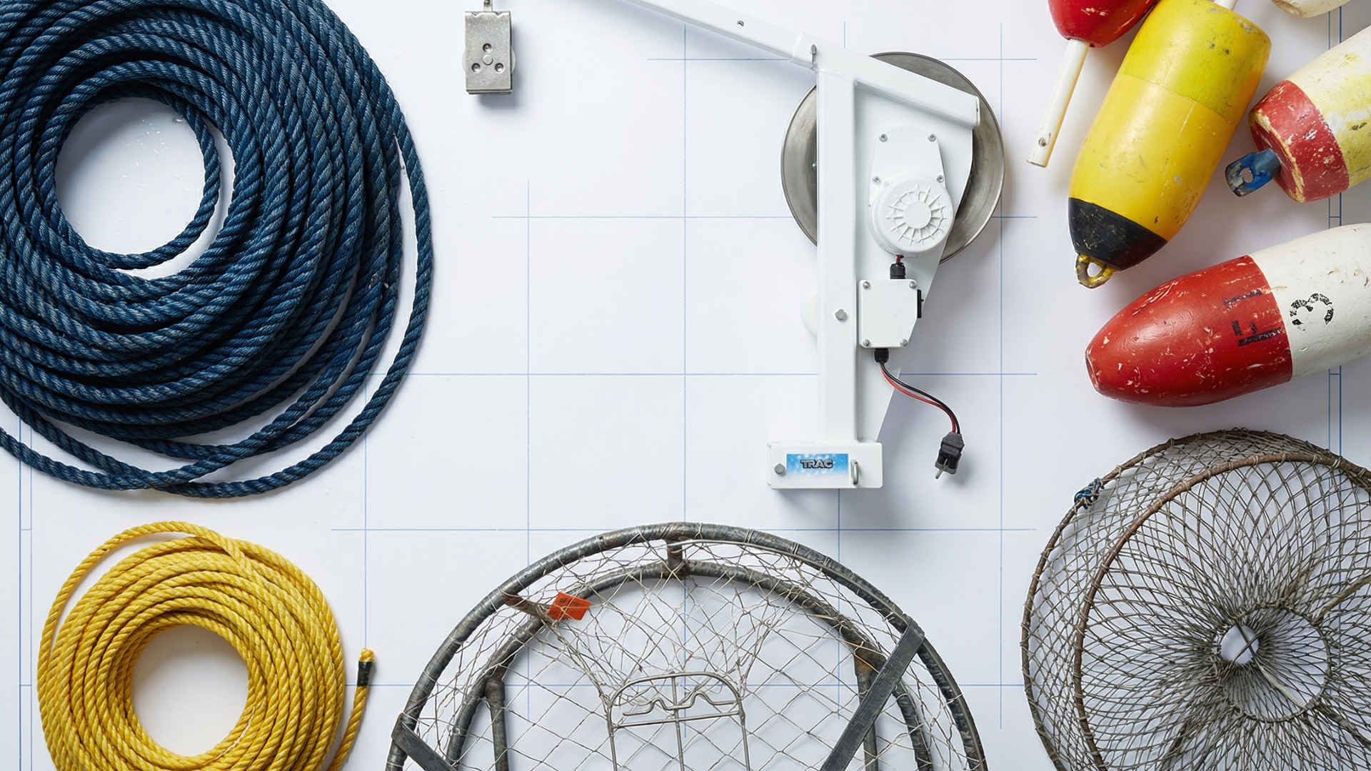 Flat lay of commercial crabbing equipment, including  pot puller, rope, traps, and buoys