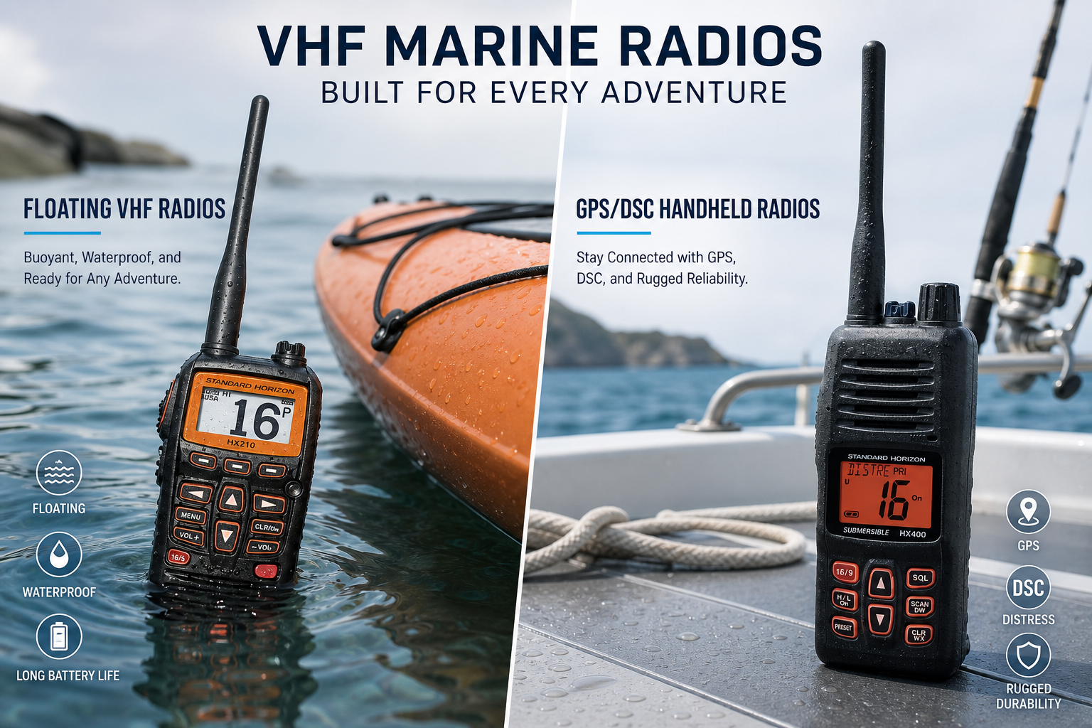 VHF marine radio guide comparing floating waterproof handheld radios with GPS and DSC-enabled marine communication devices for boaters