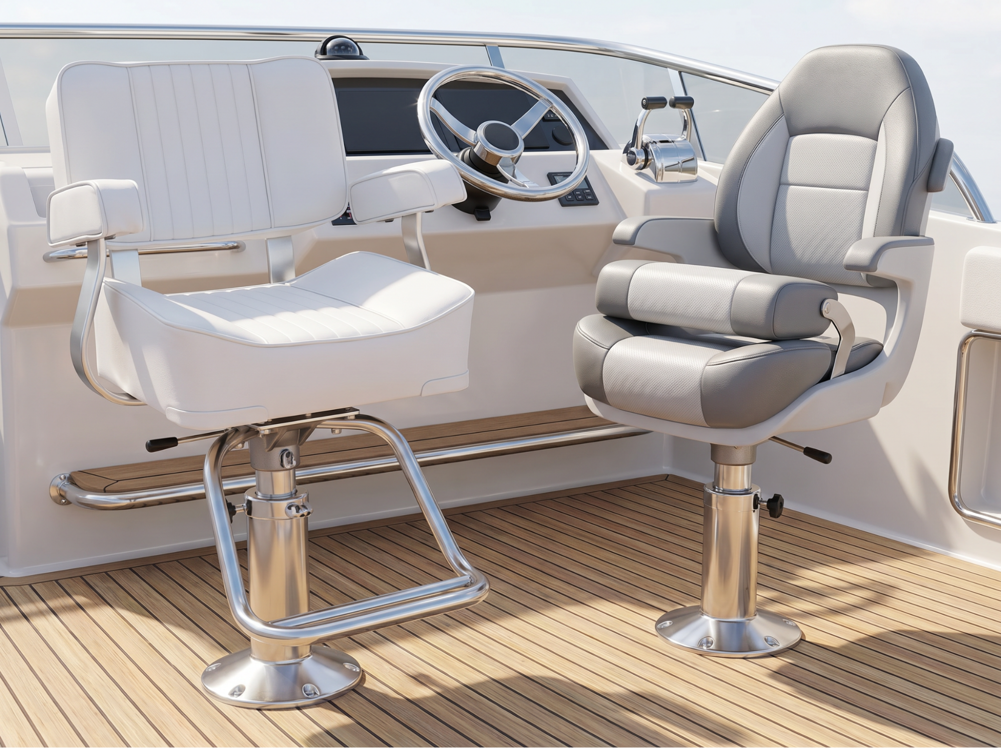 Comparison of two marine helm chairs mounted at a boat cockpit, showcasing ergonomic seating solutions for comfort and vessel control