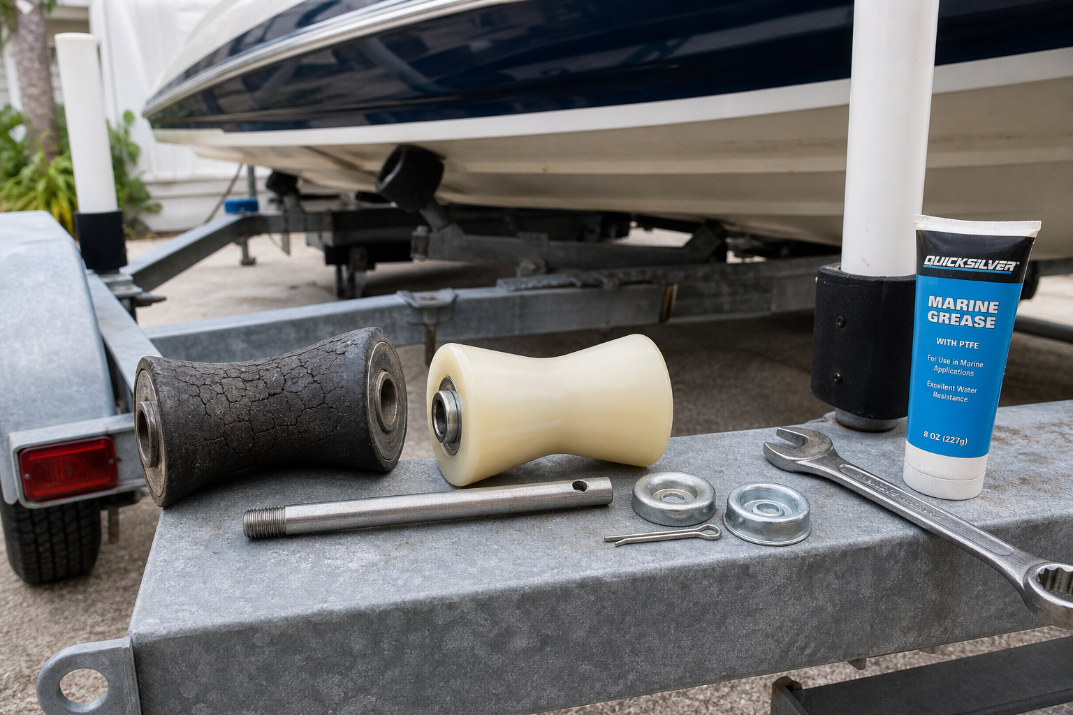 Boat trailer keel roller replacement kit with old worn roller, new poly roller, shaft, end caps, cotter pin and marine grease