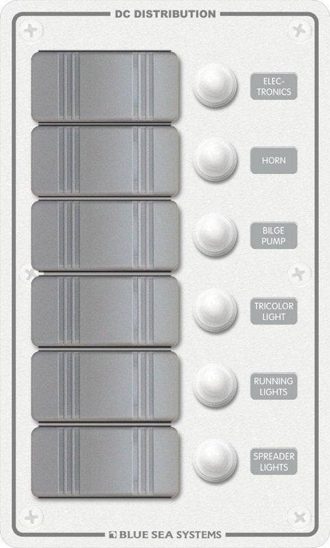 DC Distribution Panel, Contura Water Resistant 12/24 Volt Push Button Reset, 6 Positions, White