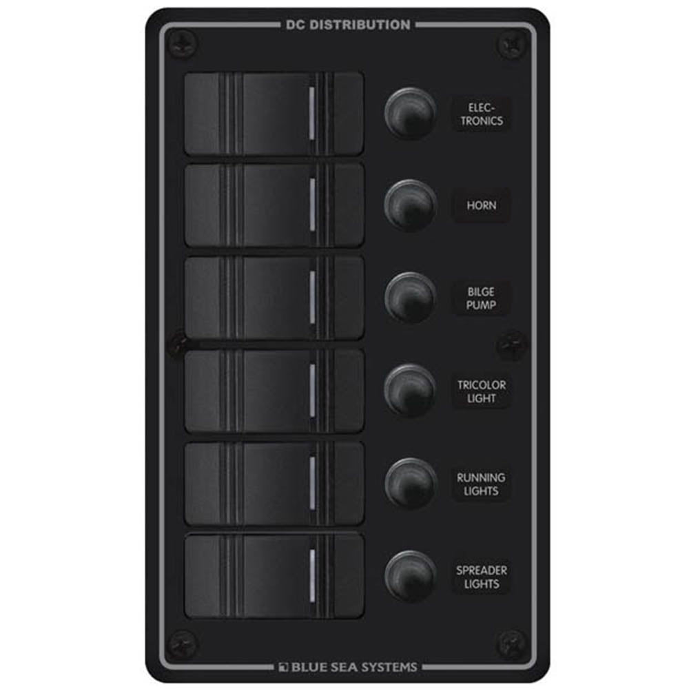 DC Distribution Panel, Contura Water Resistant 12/24 Volt Push Button Reset, 6 Positions, Black