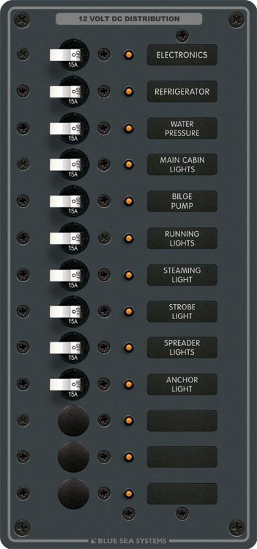 DC Distribution Panel, 12/24 Volt, 13 Positions,  No Meter