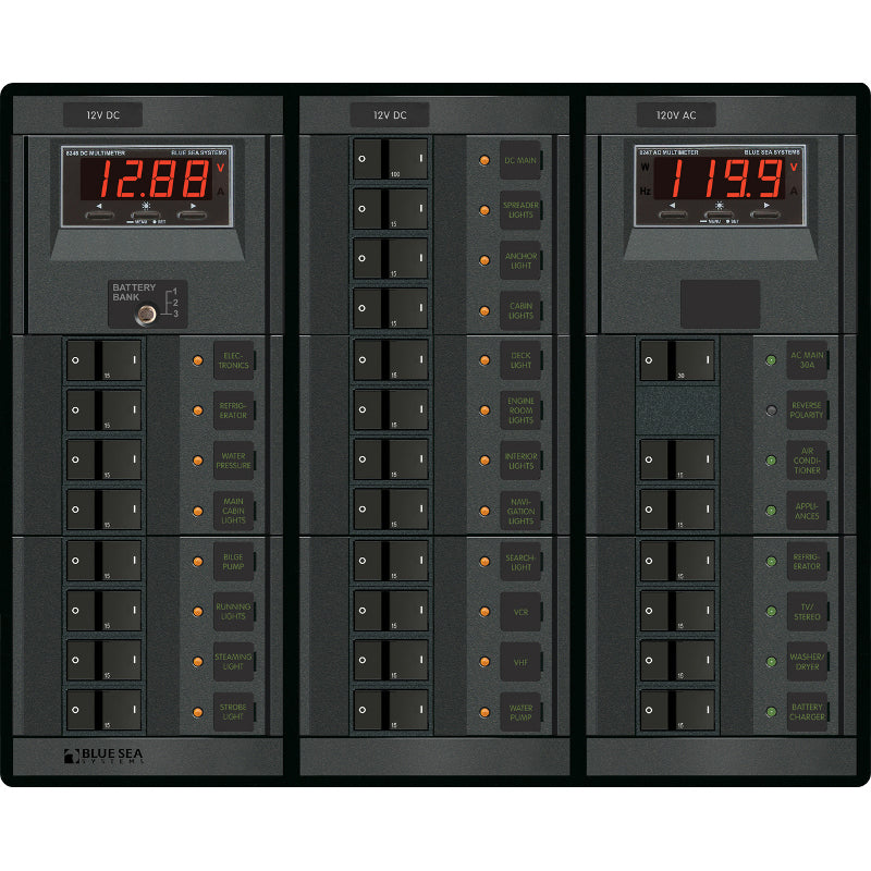 AC / DC Distribution Panel, 360 Panel, 120 Volt Main + 6 Positions / 12 Volt Main + 19 Positions, Digital Multimeters