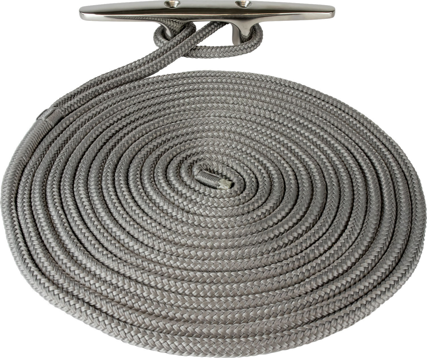 Gray braided rope coiled on a white background with a silver metal cleat visible at the top.