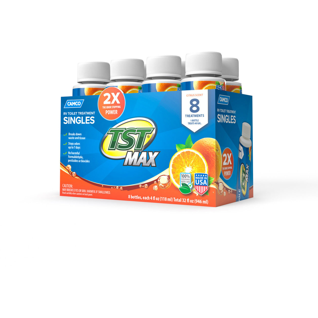 Camco TST MAX Marine/RV Toilet Treatment Singles, 8 Pack, 4oz Bottles Citrus Scent