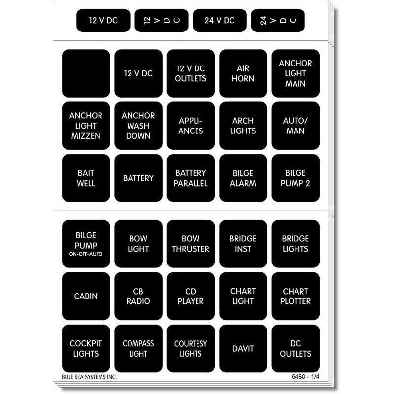 Blue Sea Systems, Label Kit, DC Panel, Square, Black, 30 Labels