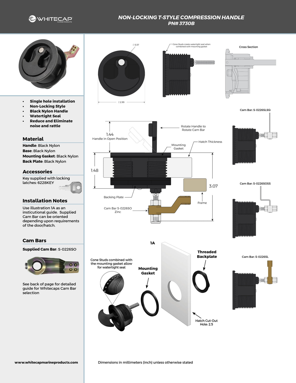 Black Nylon Non-Locking Compression Handle- 3"<br>