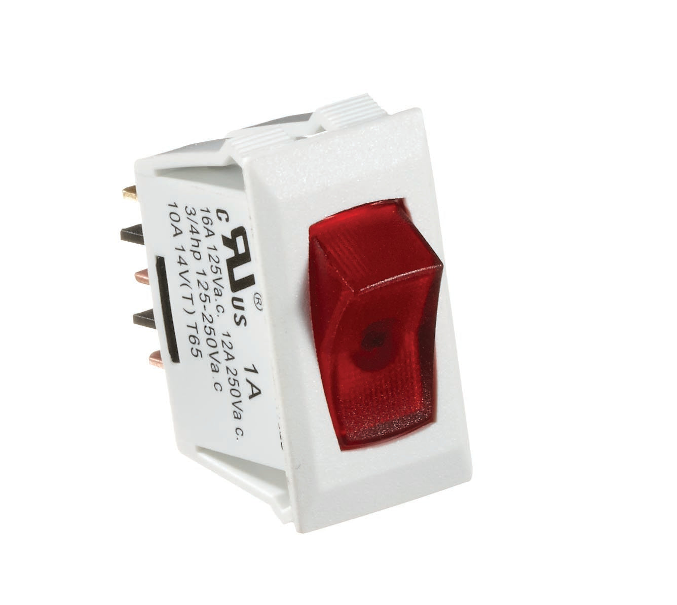 White w/Red Rocker Switch, 10A, Illuminated On/Off - SPST - Cut-Out .550" x 1.125"