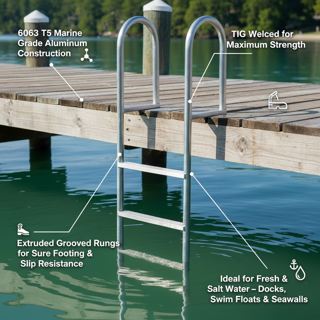 A silver metal ladder with curved handrails and ladder steps extending from a wooden dock into green water, with lake posts and trees in the background.
