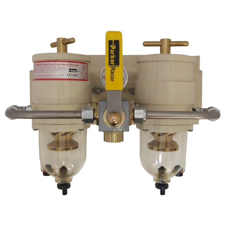 Dual Turbine Series Diesel Fuel Filter/Water Separator, 120 GPH with Plastic Bowls, 6-Port Valve