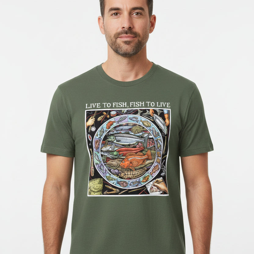 Green t-shirt with a graphic design and text 'Live to fish, fish to live' on a white background.
