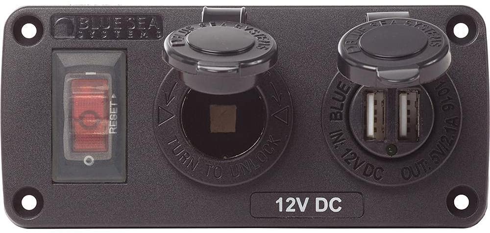 Blue Sea Systems 4363 Water-Resistant USB Accessory Panel, w/12V Socket, 2.1A Dual USB Charger