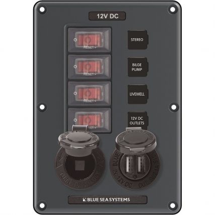 Blue Sea 4321 Water-Resistant Circuit Breaker Switch Panel, 4 Position w/12V Socket & Dual USB Charger