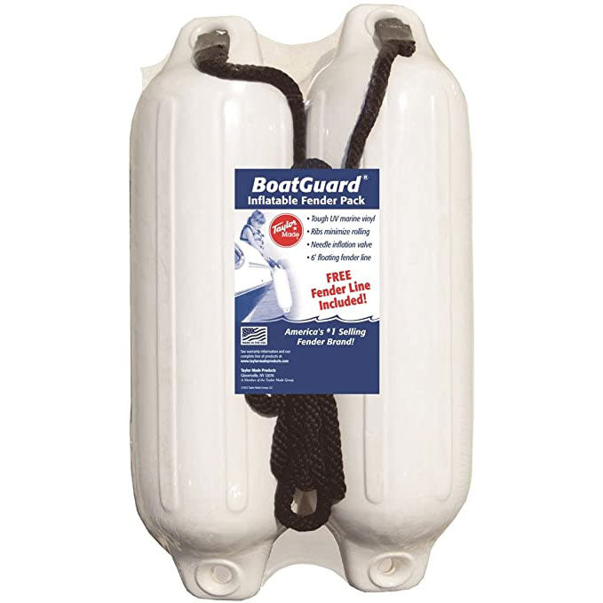 Hull Gard Inflatable Boat Fenders, 6" X 22" 2-Pack with Rope, White