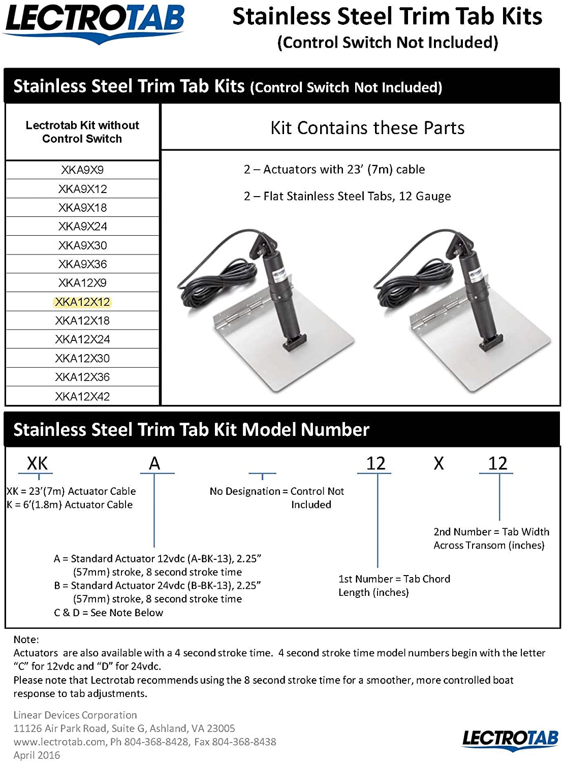 Stainless Steel Trim Tab Kit, 12v, 23', 12x12
