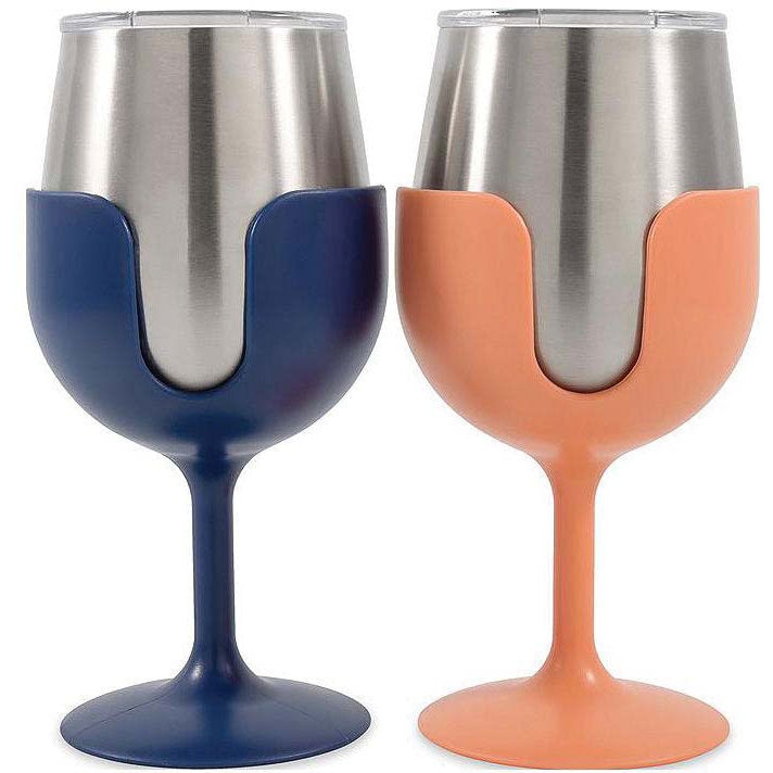 Camco 51917 Wine Tumblers, 8 oz., Navy & Peach, 1 pr.