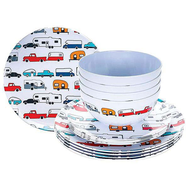 Camco 53295 Melamine Dishware, Multi-color RV & Truck Pattern, 12 pc. Set