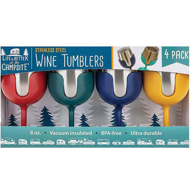 Camco 53465 Wine Tumblers, 8 oz., Navy, Red, Dark Green, Yellow , 4/pk