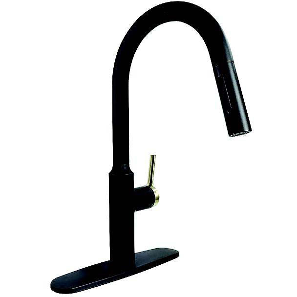 800-PF231780 8" Premium Slimline Single Handle Pull Down Kitchen Faucet, Matte Black w/Gold Handle