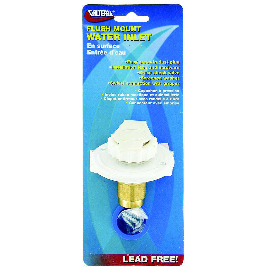 Valterra White Flush Mount FPT Brass Check Valve RV Water Inlet | Includes Screws, Putty Tape & Teflon Tape