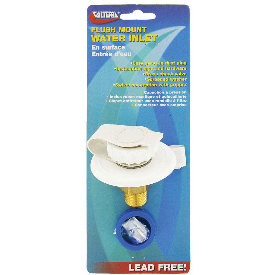 Valterra Flush Mount MPT Plastic Flange Brass Check Valve RV Water Inlet | Includes Screws, Putty Tape & Teflon Tape