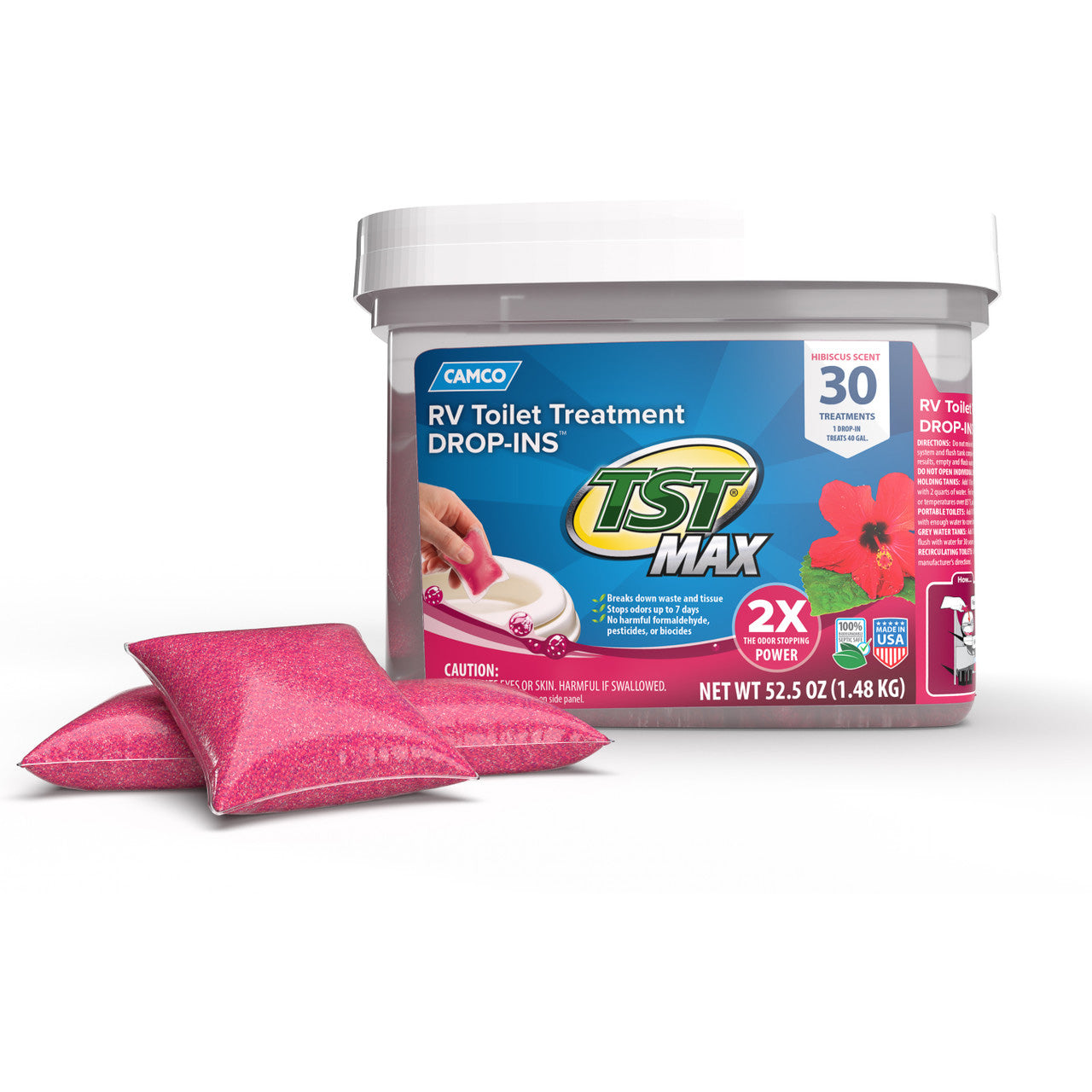 Camco TST Max Marine/RV Toilet Treatment Drop Ins, Hibiscus Breeze Scent 30 Per Bucket
