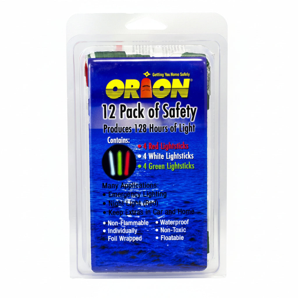 Orion 12-pack safety lightsticks packaging with blue background