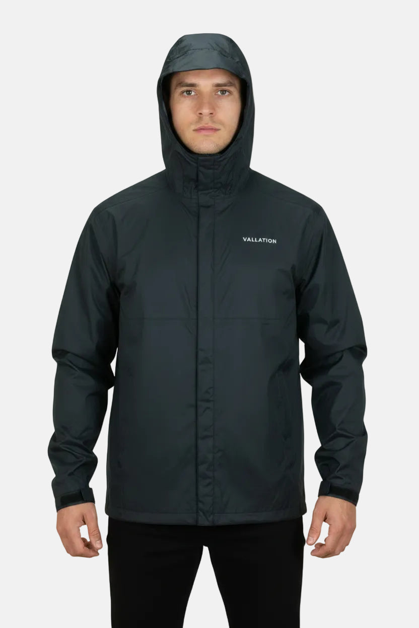 Dark gray rain jacket with a hood on a white background