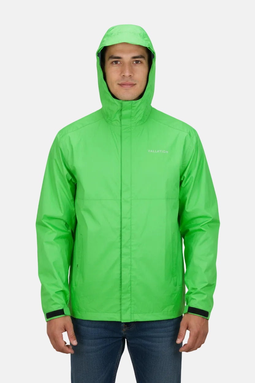 Green rain jacket with a brand logo on a white background