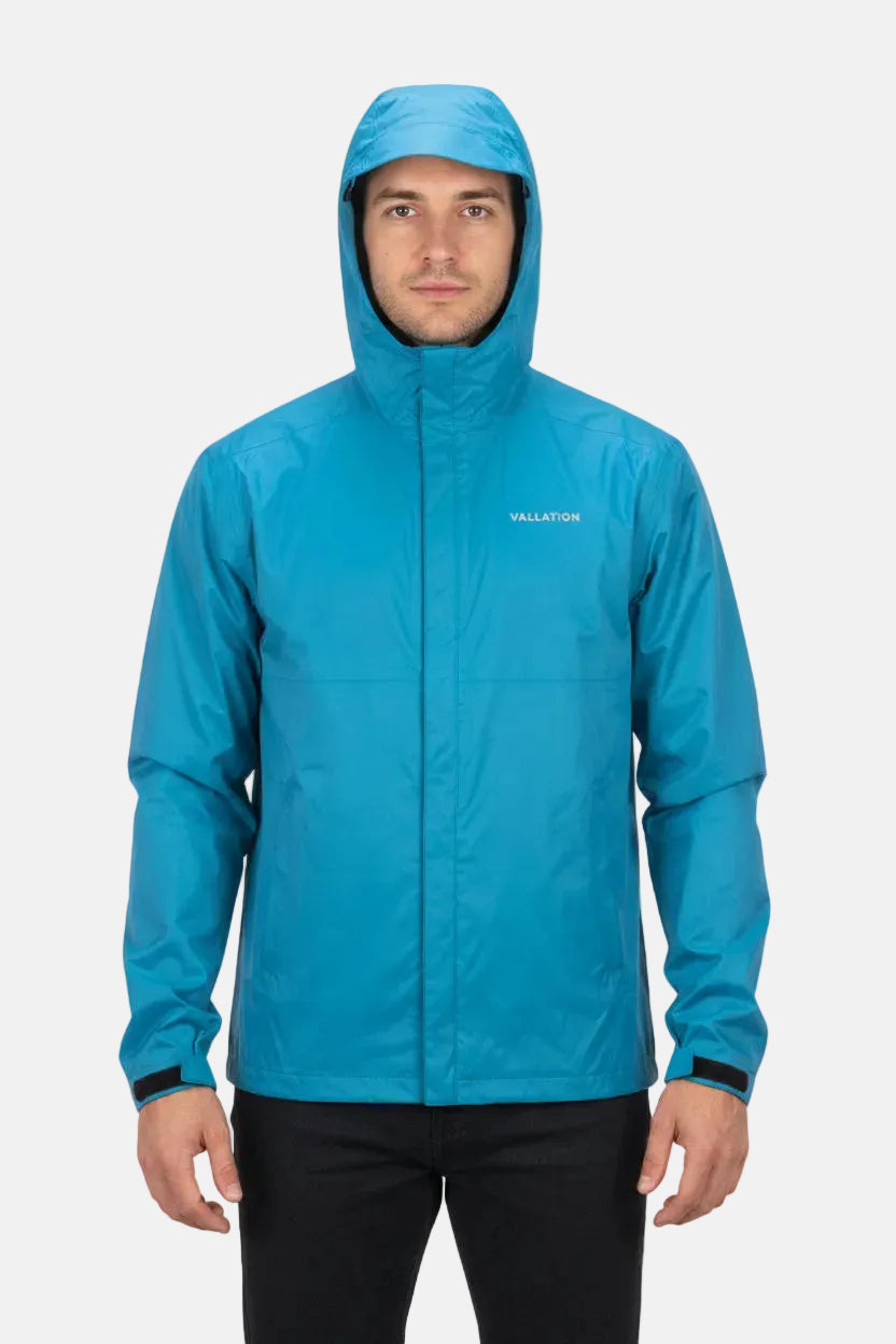 A bright blue waterproof hooded jacket with a front zipper, shown on a white background. The brand name 'Vallation' is printed in white on the chest.