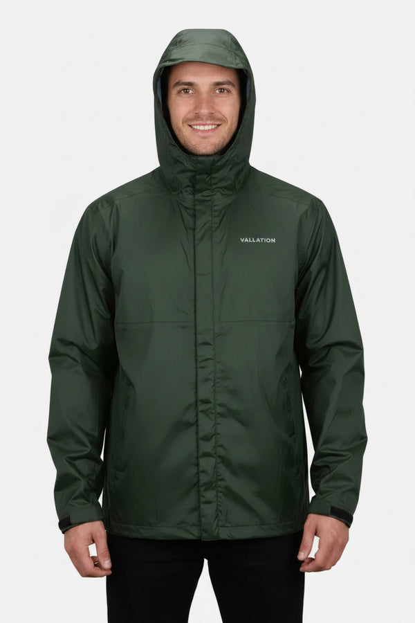 A dark green waterproof hooded jacket with a white 'VALLIATION' logo on the left chest, displayed on a white background.