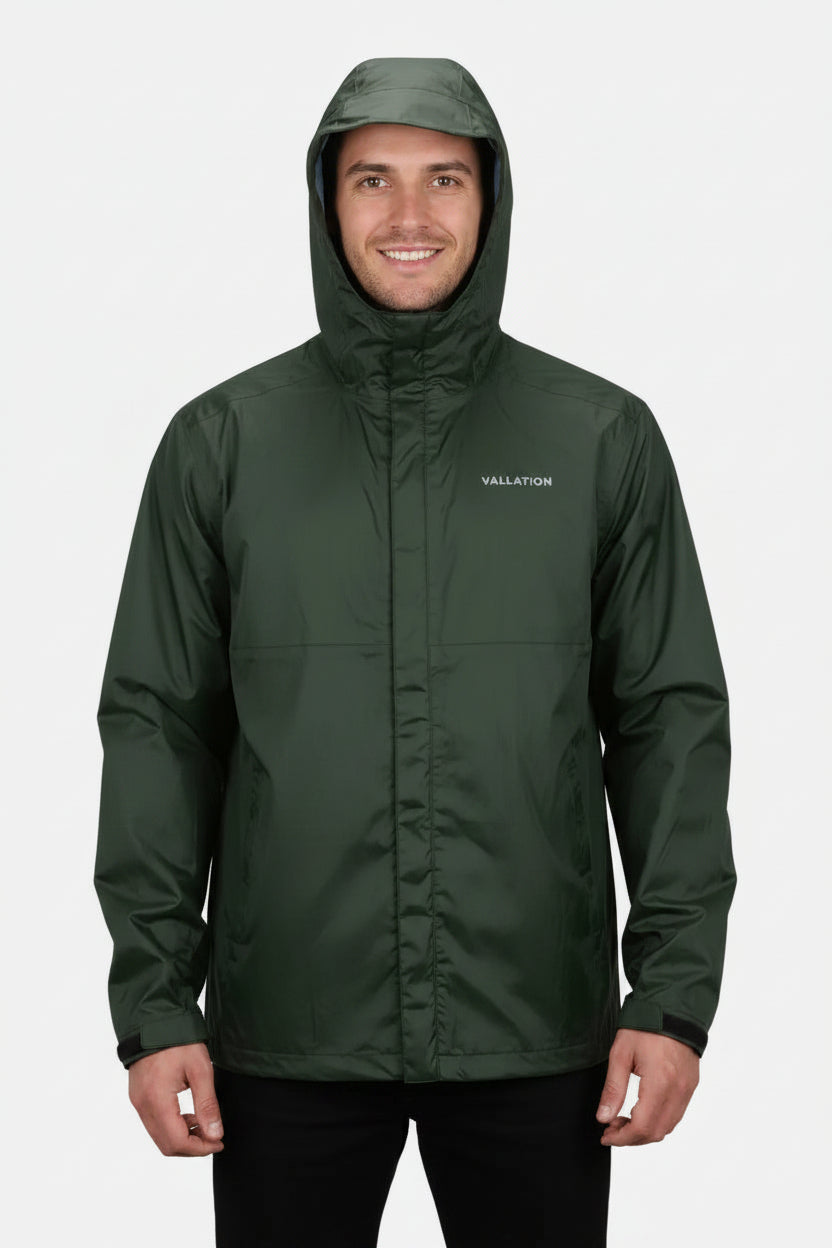 A dark green waterproof hooded jacket with a white 'VALLIATION' logo on the left chest, displayed on a white background.