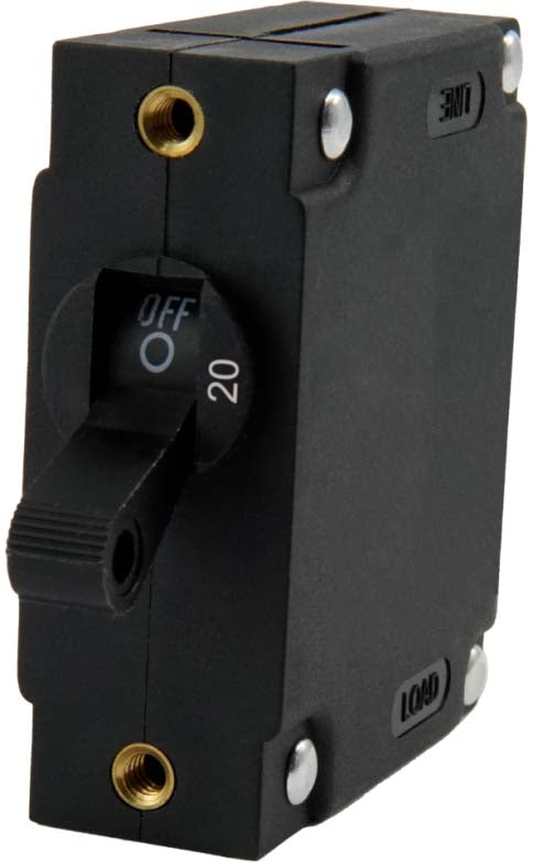 A Series Black Toggle Panel Mount Circuit Breaker, Single Pole AC/DC, 20 Amp, Retail Pack