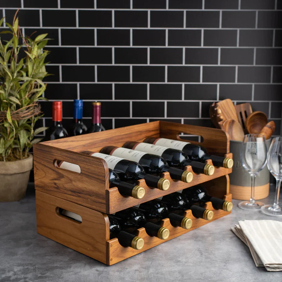 11-1/4" Premium Grade Teak Five Bottle Stackable Wine Caddy