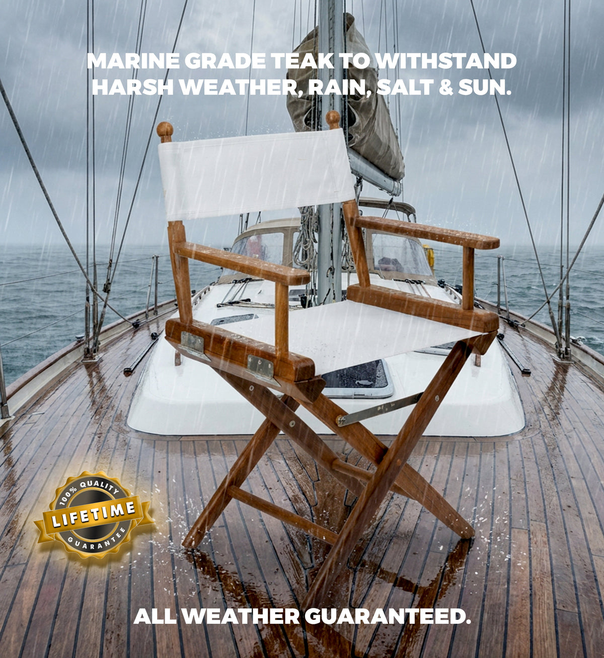 Premium Grade Teak Newport Folding Directors Chair with White Sunbrella Fabric Seat Slings