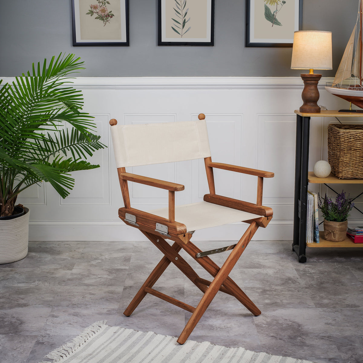 Premium Grade Teak Folding Directors Chair with Oyster Sunbrella Fabric Seat Slings