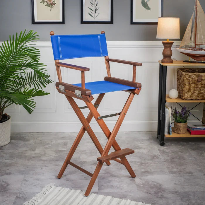 Premium Grade Teak Folding Captains Chair with Pacific Blue Sunbrella Fabric Seat Slings