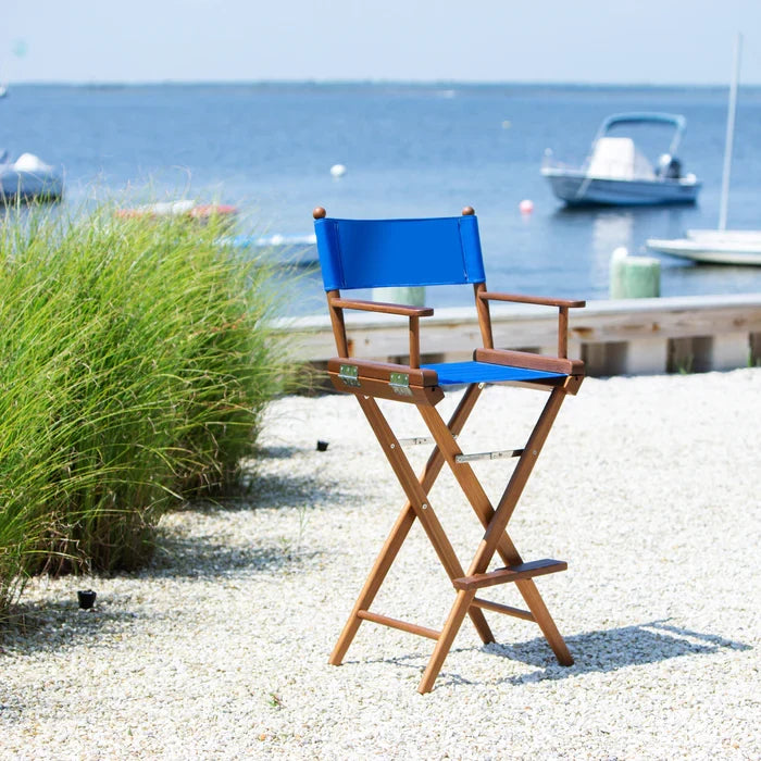 Premium Grade Teak Folding Captains Chair with Pacific Blue Sunbrella Fabric Seat Slings