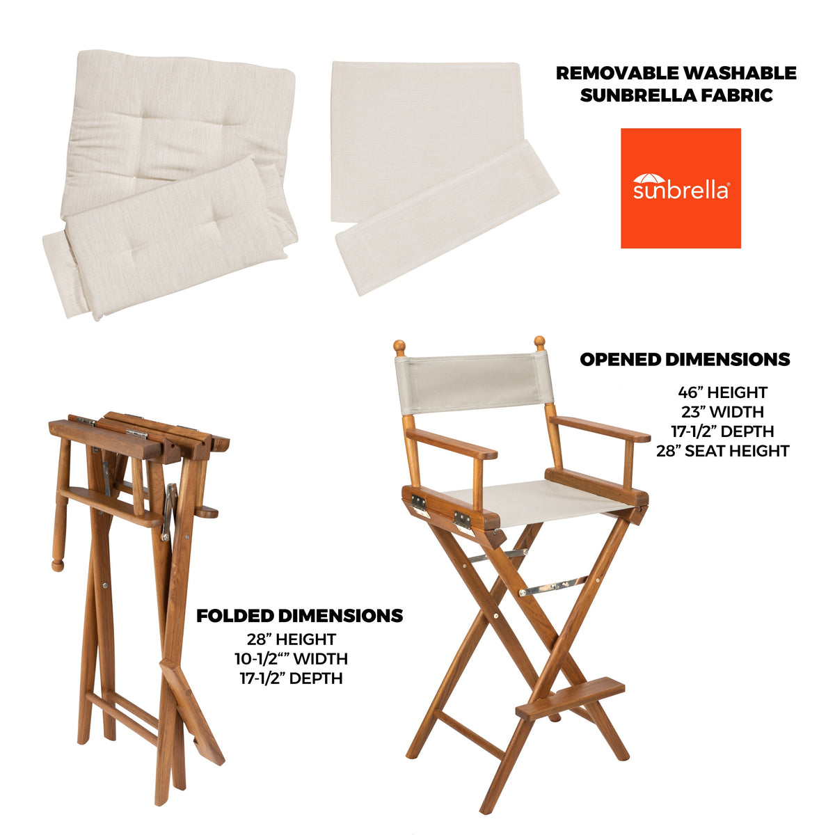 Premium Grade Teak Folding Captains Chair with Pacific Blue Sunbrella Fabric Seat Slings