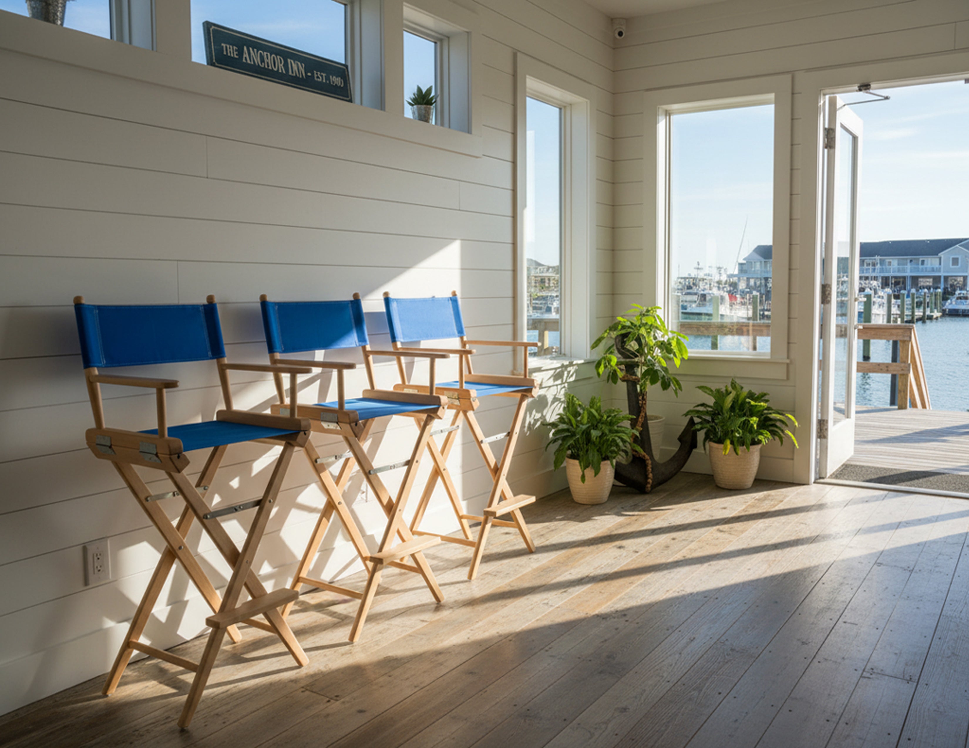Premium Grade Teak Folding Captains Chair with Pacific Blue Sunbrella Fabric Seat Slings