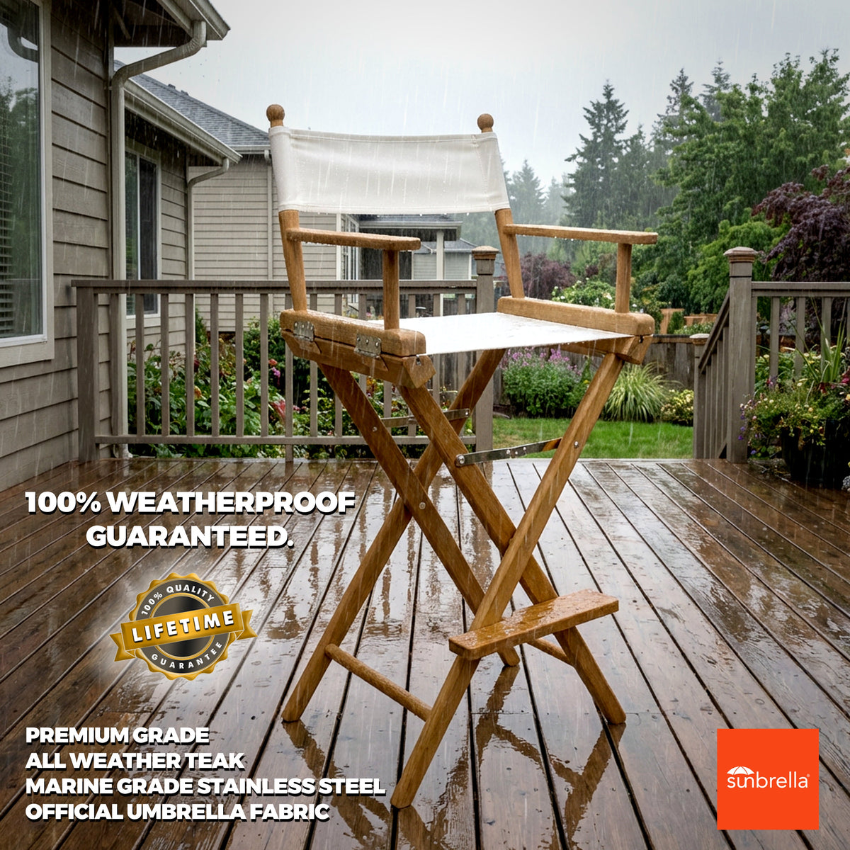 Premium Grade Teak Folding Captains Chair with Oyster Sunbrella Fabric Seat Slings