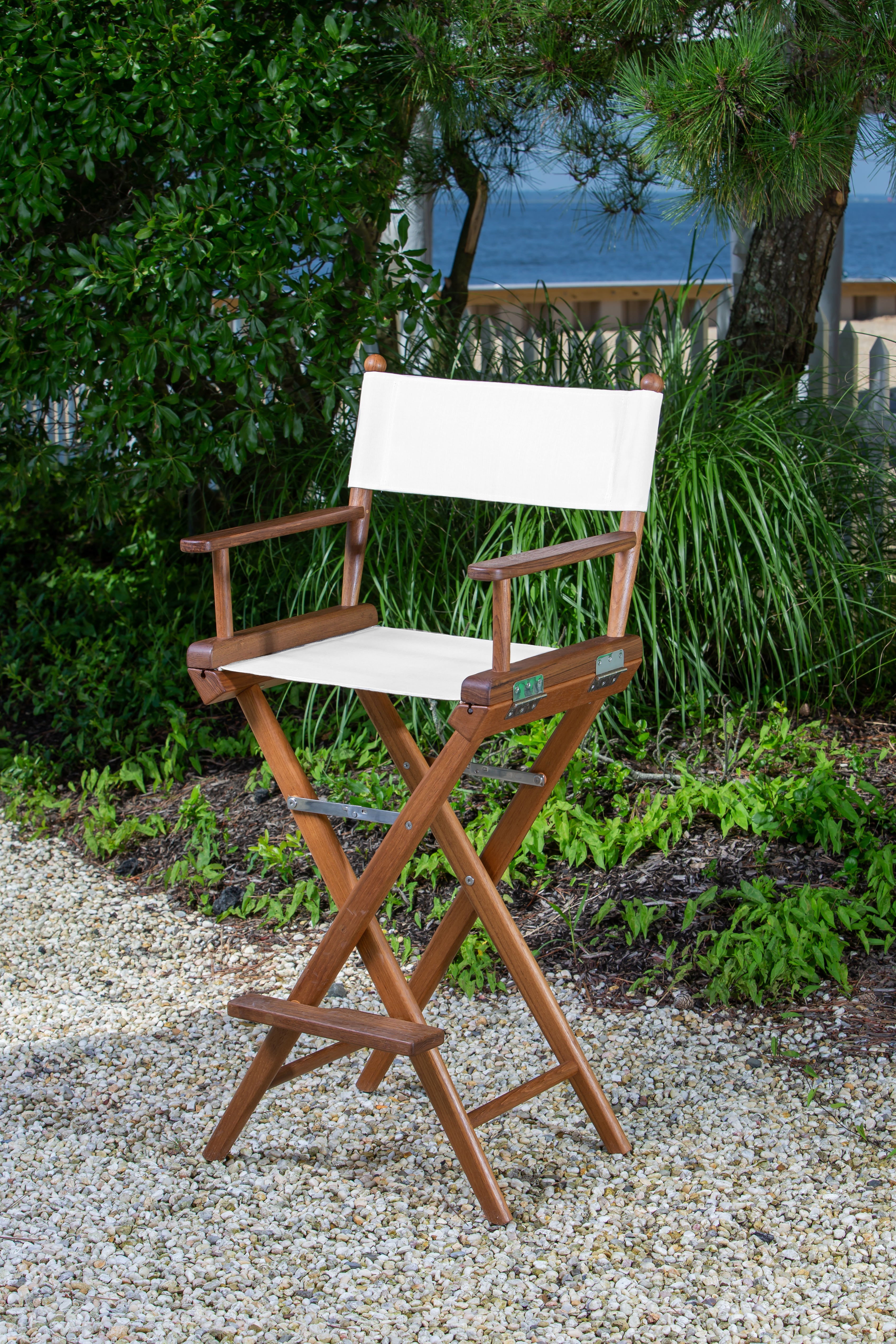 Premium Grade Teak Folding Captains Chair with White Sunbrella Fabric Seat Slings
